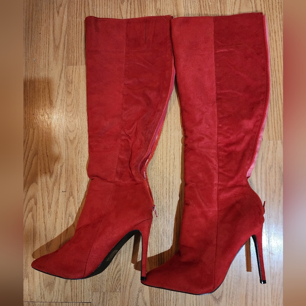 Sexy Red Faux Suede High Heel Stiletto Boots w/back zip size 11